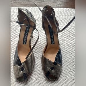 MAUD FRIZON Metallic Silver Ankle-Tie Peep-Toe Heels Vintage